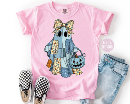 Comfort Colors Blue Denim Ghost Shirt: Patchwork Halloween Tee