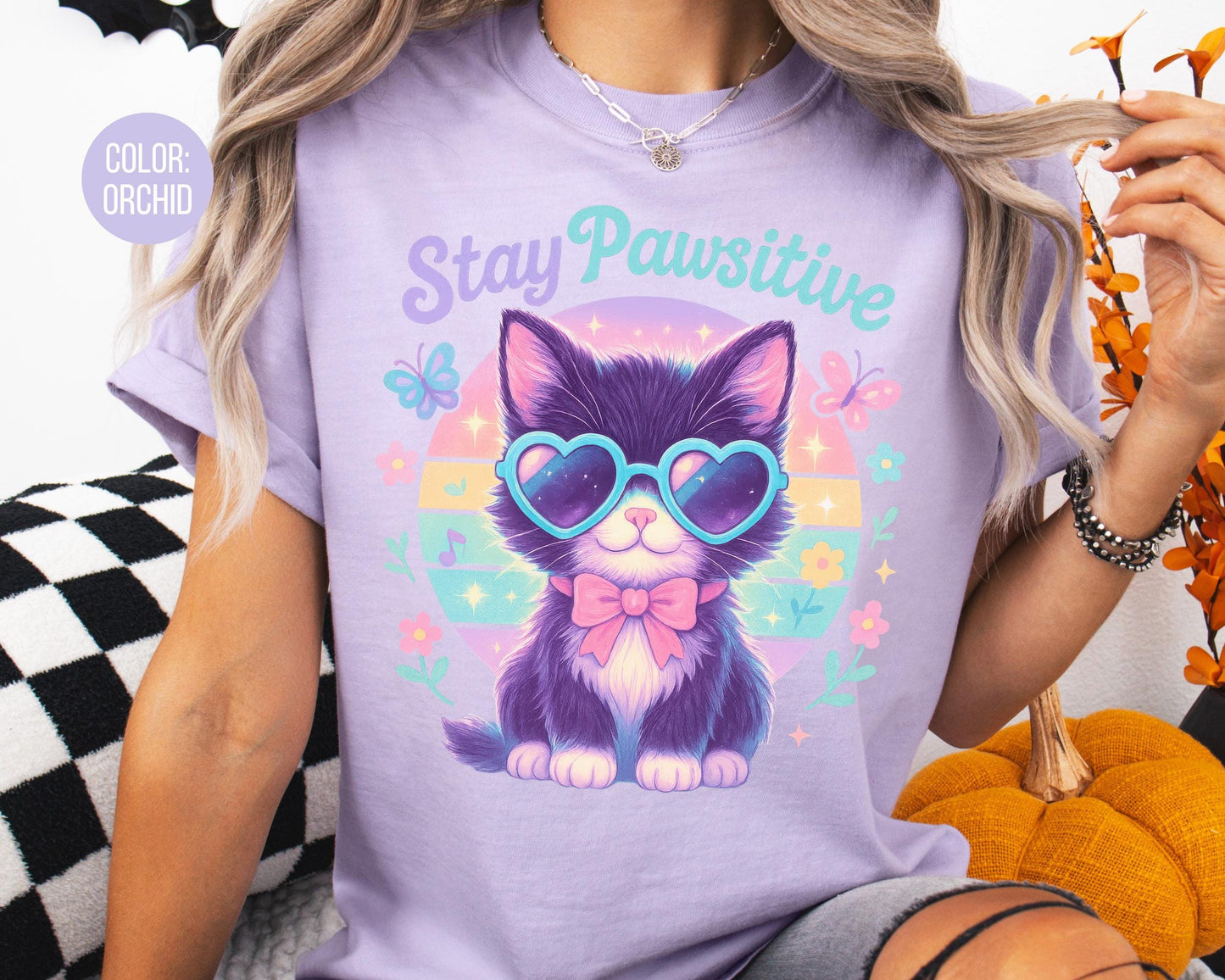 Comfort Colors Stay Pawsitive Cat Shirt - Matching Mom & Daughter
