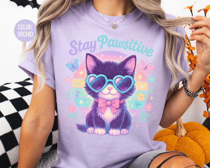 Comfort Colors Stay Pawsitive Cat Shirt - Matching Mom & Daughter