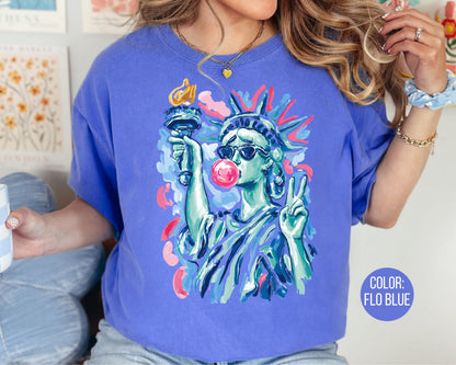 Comfort Colors Preppy Statue of Liberty Blowing Bubble Gum Shirt, 4th of July Shirts