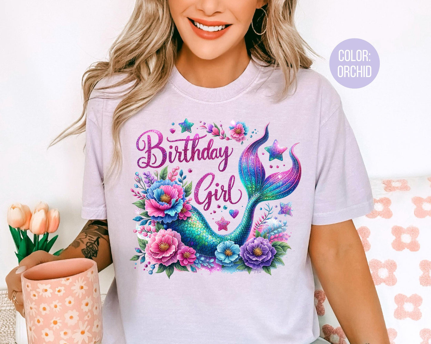 Comfort Colors Faux Glitter Mermaid Birthday Girl Shirt, Girls Birthday Shirts