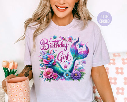 Comfort Colors Faux Glitter Mermaid Birthday Girl Shirt, Girls Birthday Shirts