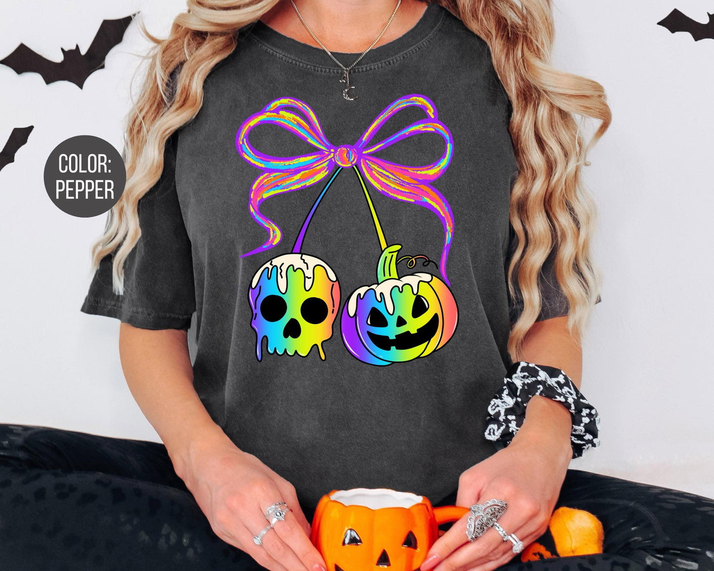 Comfort Colors Neon Halloween Shirt: Coquette Pumpkins & Spooky Skull