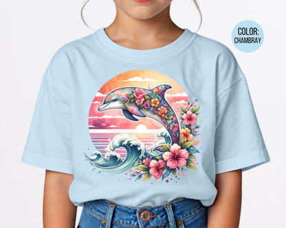 Comfort Colors® Floral Dolphin Shirt, Girls Preppy Summer Shirts, Dolphin Gift
