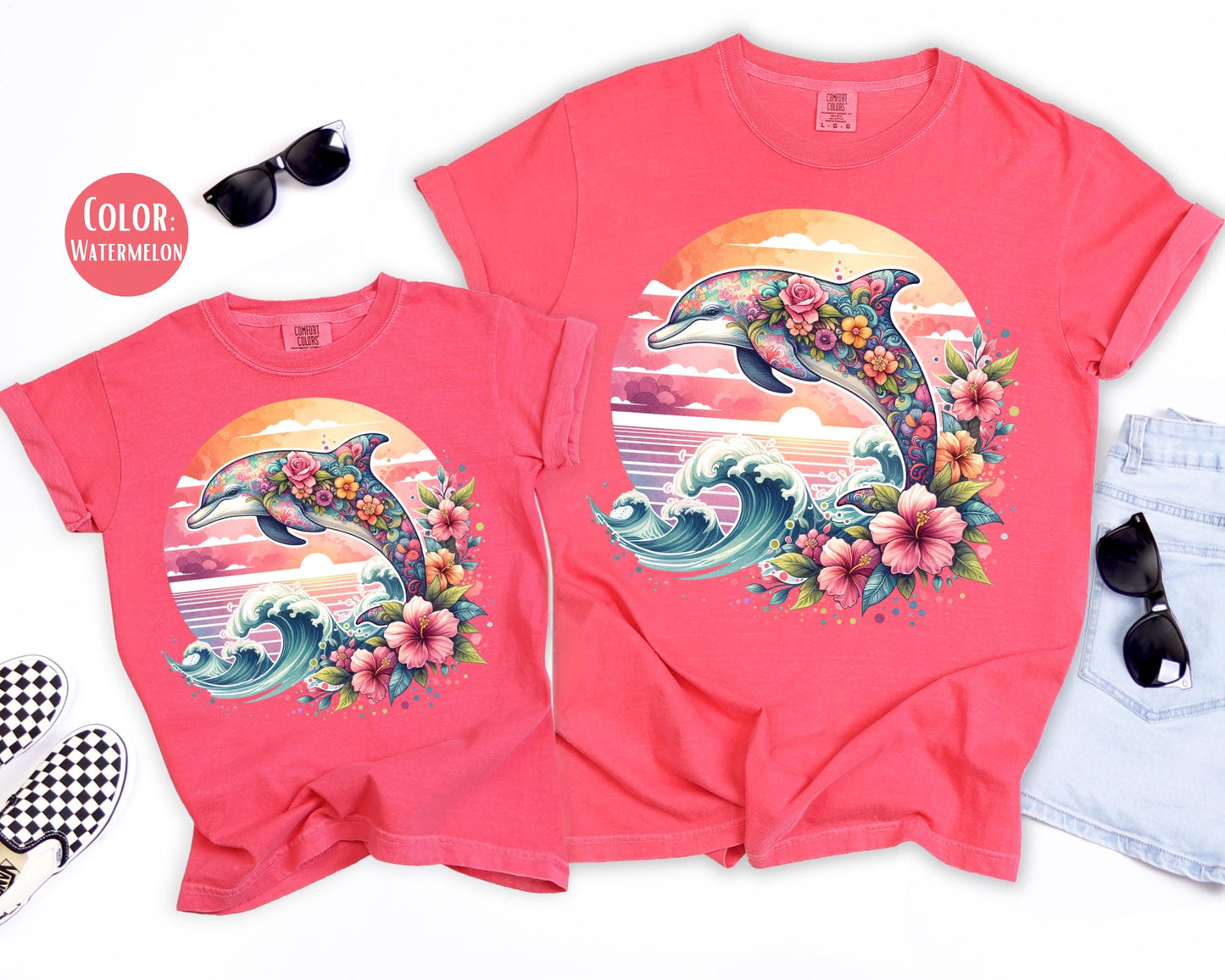 Comfort Colors® Floral Dolphin Shirt, Girls Preppy Summer Shirts, Dolphin Gift