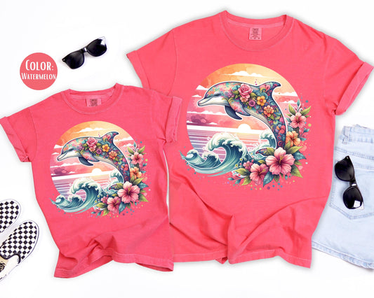 Comfort Colors® Floral Dolphin Shirt, Girls Preppy Summer Shirts, Dolphin Gift