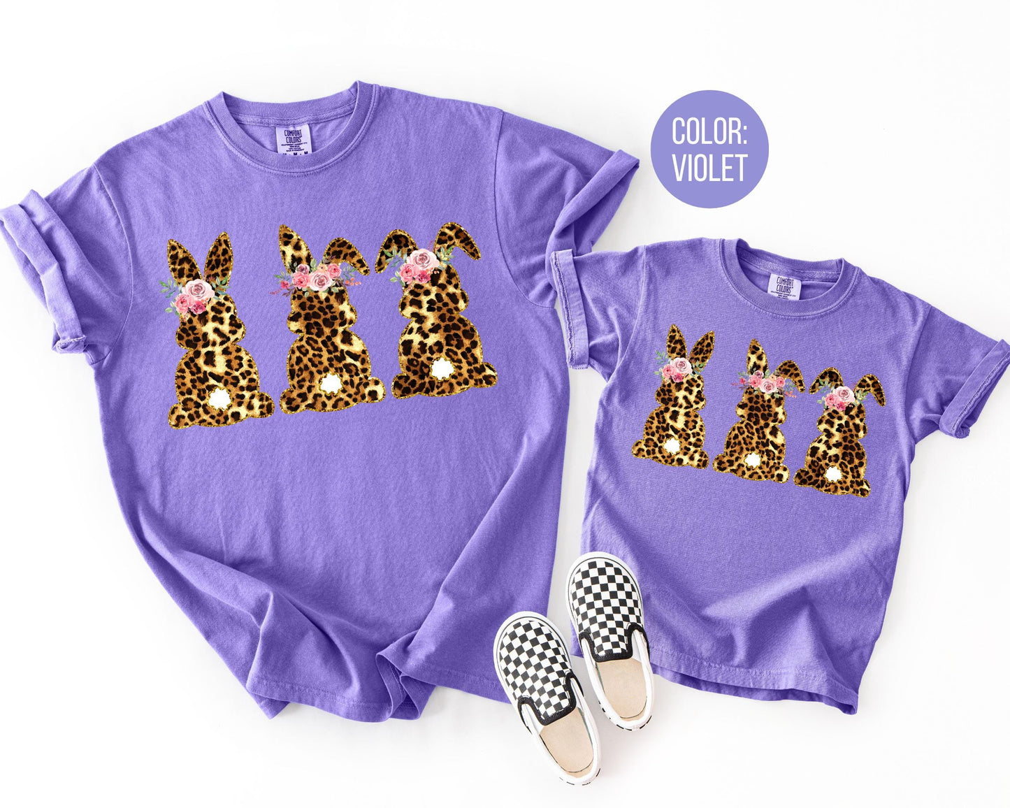 Comfort Colors® Floral Leopard Bunnies Shirt, Adult and Youth Leopard Easter Shirts