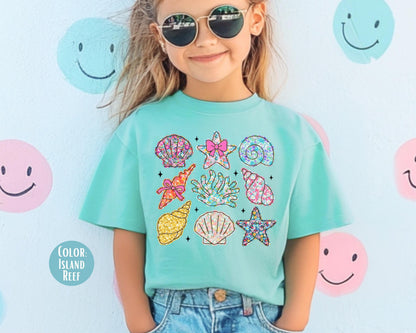 Comfort Colors Kids Shirt: Floral Seashells, Summer Vacation Tee