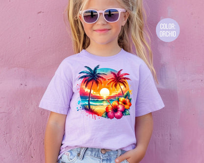 Comfort Colors Kids Beach Shirt: Sunset Palms & Hibiscus