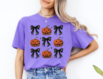 Comfort Colors Halloween Shirt: Jack o' Lantern & Bow Tee