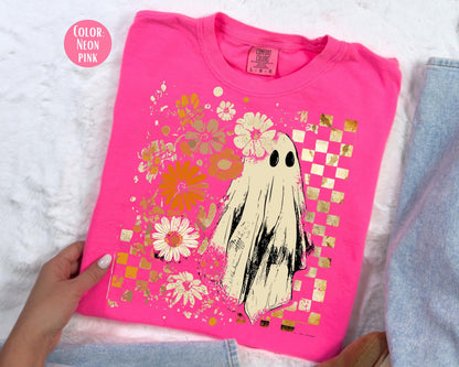 Comfort Colors Retro Floral Ghost Shirt - Preppy Halloween Tee