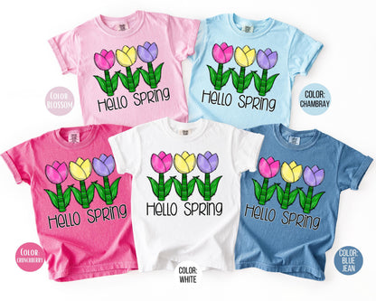 Comfort Colors® Hello Spring Shirt, Girls Spring Shirts, Tulip Tee for Girl