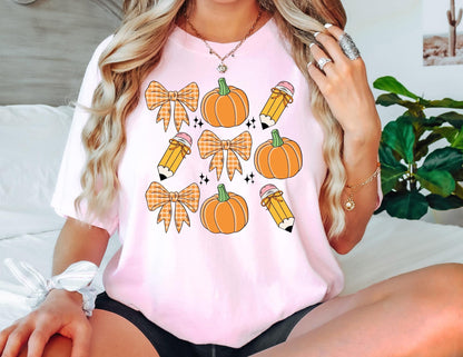 Comfort Colors Fall Teacher Shirt: Pumpkin Bow Pencil Tee