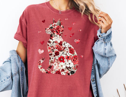 Comfort Colors Cat Valentine Shirt: Floral Heart Tee