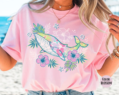 Comfort Colors® Preppy Floral Whale Shirt, Summer Beach Shirts