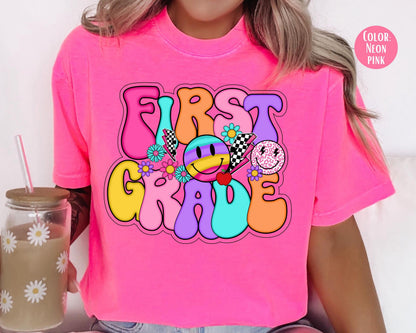 Comfort Colors® Smiley Retro First Grade Shirt, 1st Grade Teacher Shirts