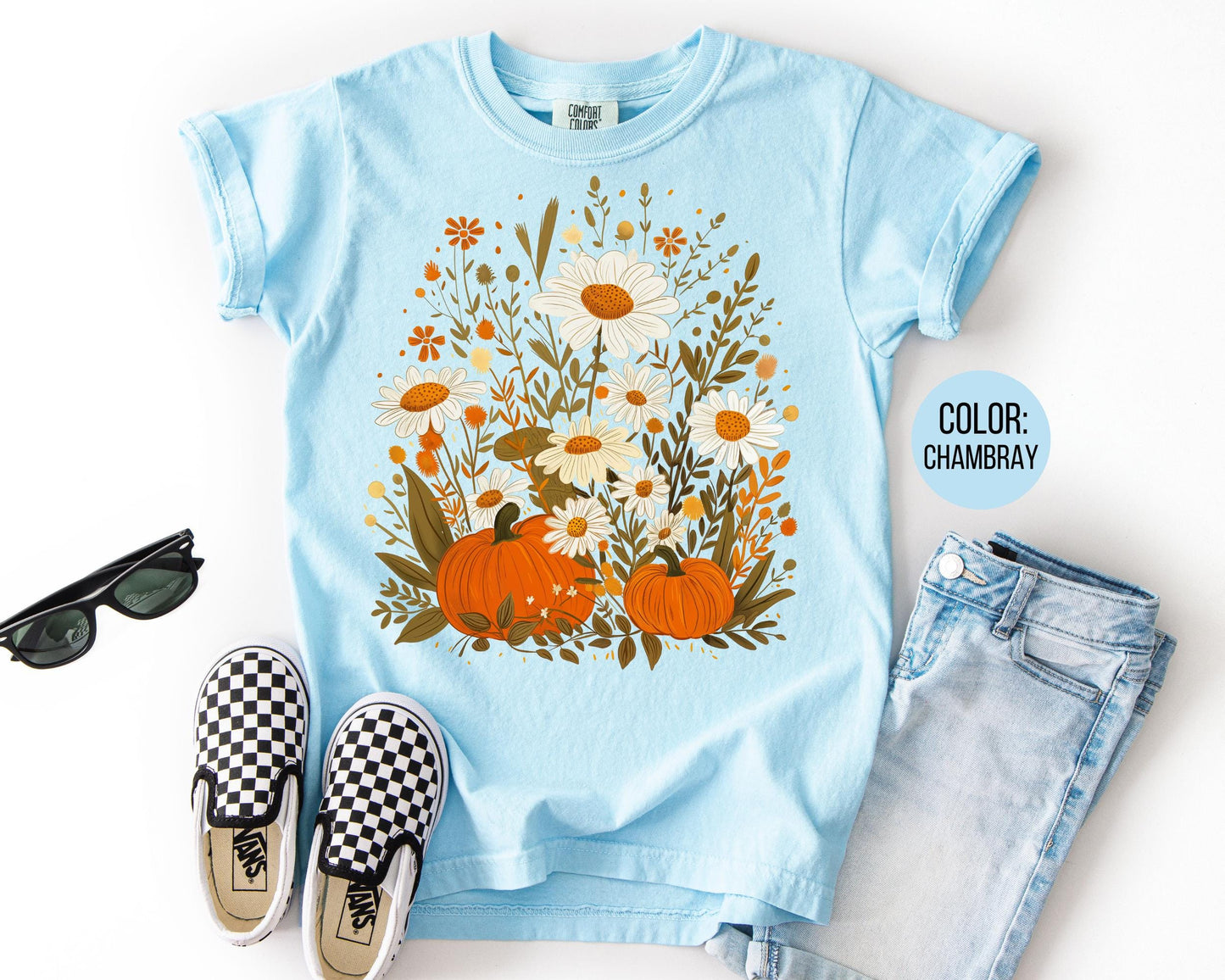Comfort Colors Boho Fall Floral Pumpkin Shirt - Girly Thanksgiving Tee
