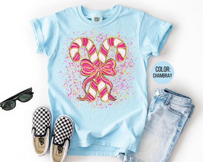 Comfort Colors Coquette Candy Cane Shirt, Girls Peppermint Tee, Mommy and Me Christmas Shirts
