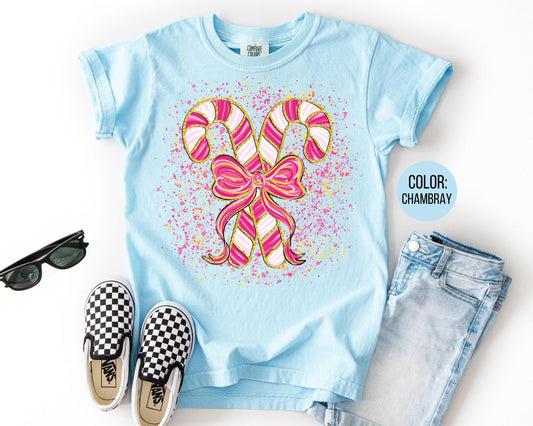 Comfort Colors Coquette Candy Cane Shirt, Girls Peppermint Tee, Mommy and Me Christmas Shirts