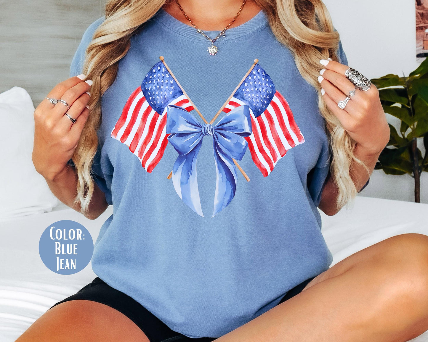 Comfort Colors American Flag Bow Shirt: 4th of July Coquette Tee