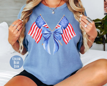 Comfort Colors American Flag Bow Shirt: 4th of July Coquette Tee