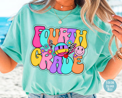 Comfort Colors® Smiley Retro Fourth Grade Shirt, 4th Grade Teacher Shirts