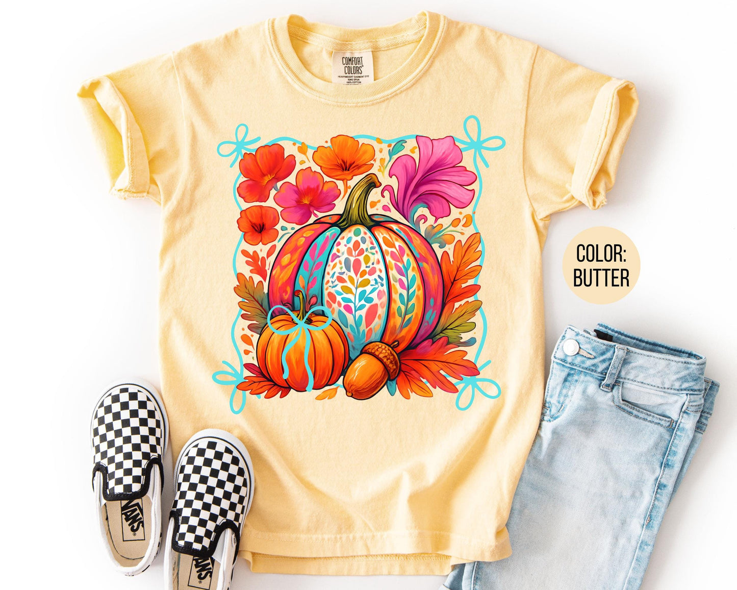 Comfort Colors Girls Fall Floral Pumpkin Shirt: Coquette Tee