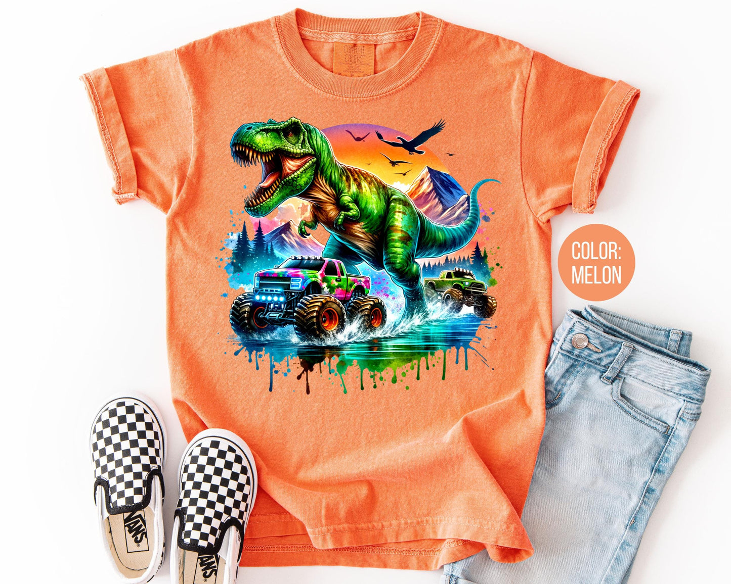 Comfort Colors® Boys T-Rex Monster Truck Shirt, Kids Dinosaur Shirts