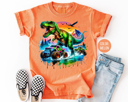 Comfort Colors® Boys T-Rex Monster Truck Shirt, Kids Dinosaur Shirts