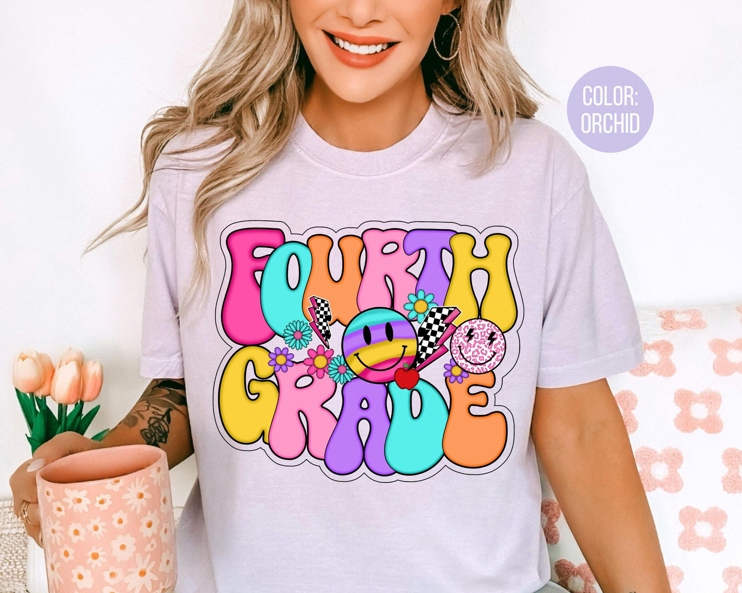 Comfort Colors® Smiley Retro Fourth Grade Shirt, 4th Grade Teacher Shirts