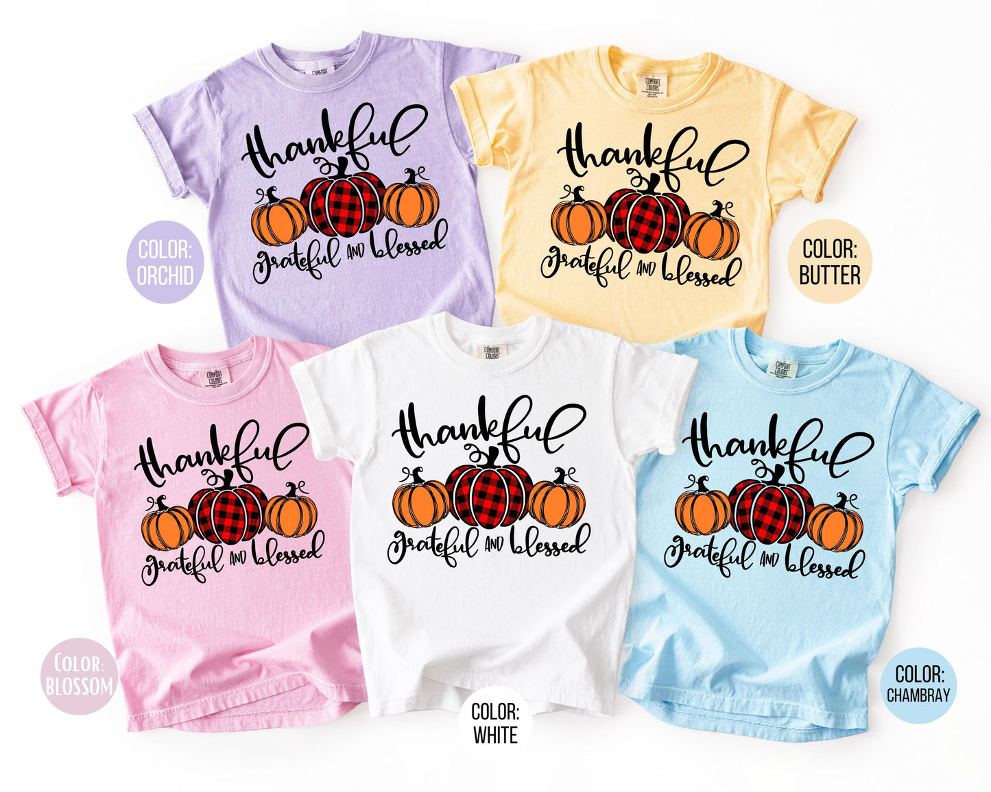Comfort Colors Thankful Grateful Blessed Shirt, Kids Thanksgiving Shirts, Matching Fall Tees