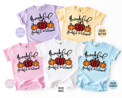 Comfort Colors Thankful Grateful Blessed Shirt, Kids Thanksgiving Shirts, Matching Fall Tees