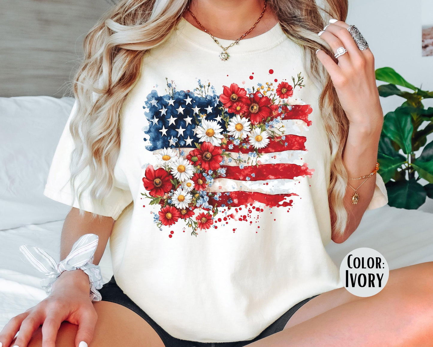 Comfort Colors Floral American Flag Shirt: 4th of July Tee