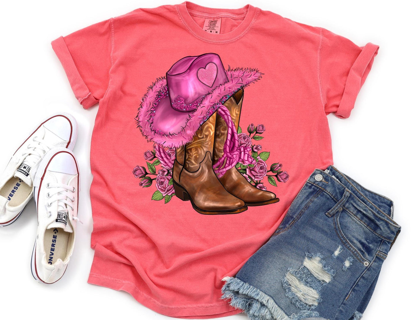 Comfort Colors Cowgirl Boots Valentine Shirt, Pink Heart Hat Roses Graphic Tee