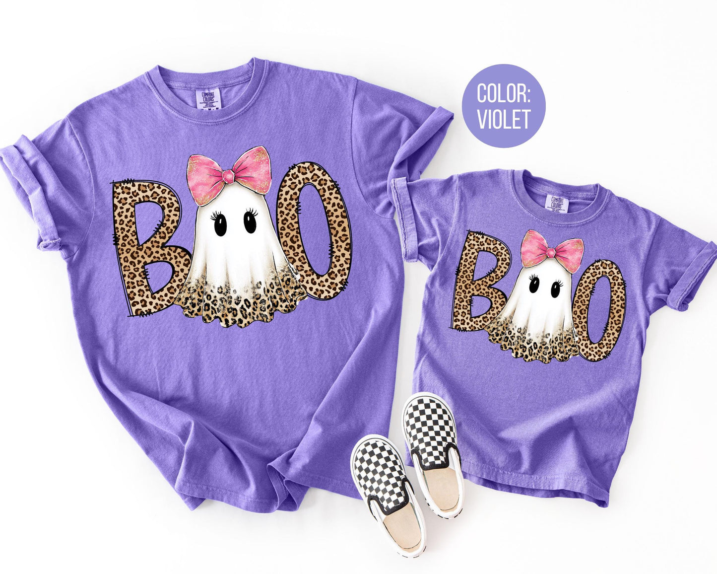 Comfort Colors Boo Leopard Ghost Halloween Shirt: Mommy and Me Tees