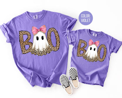 Comfort Colors Boo Leopard Ghost Halloween Shirt: Mommy and Me Tees