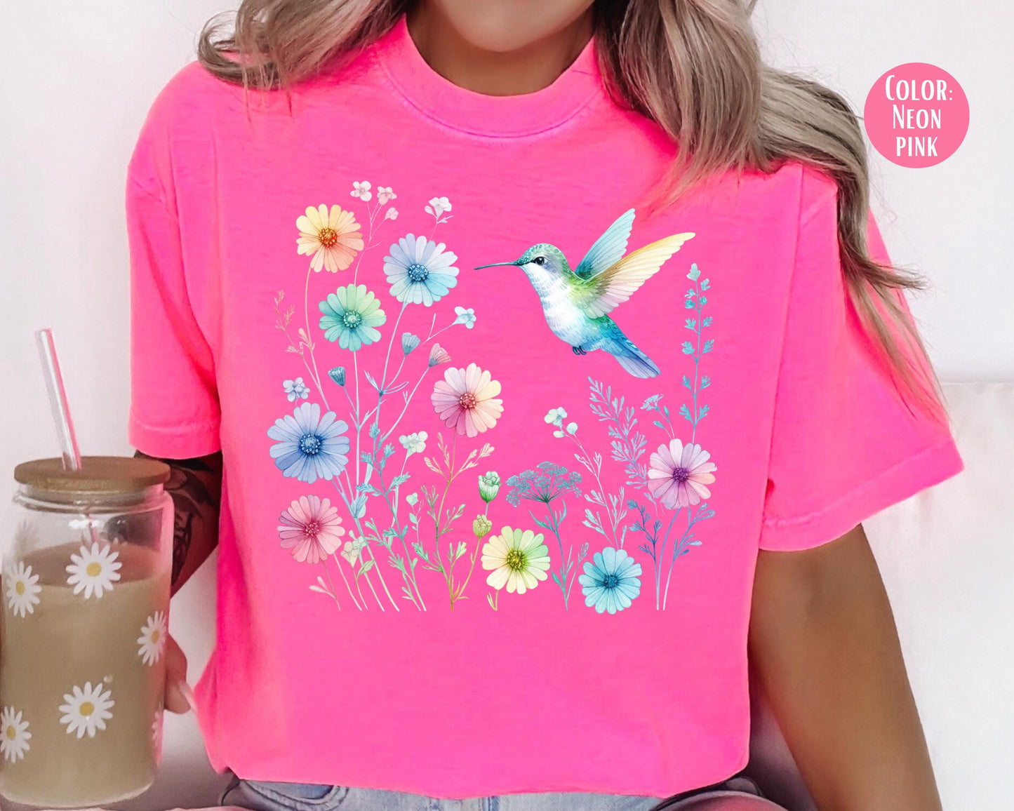 Comfort Colors Floral Hummingbird Shirt, Colorful Hummingbird Shirts
