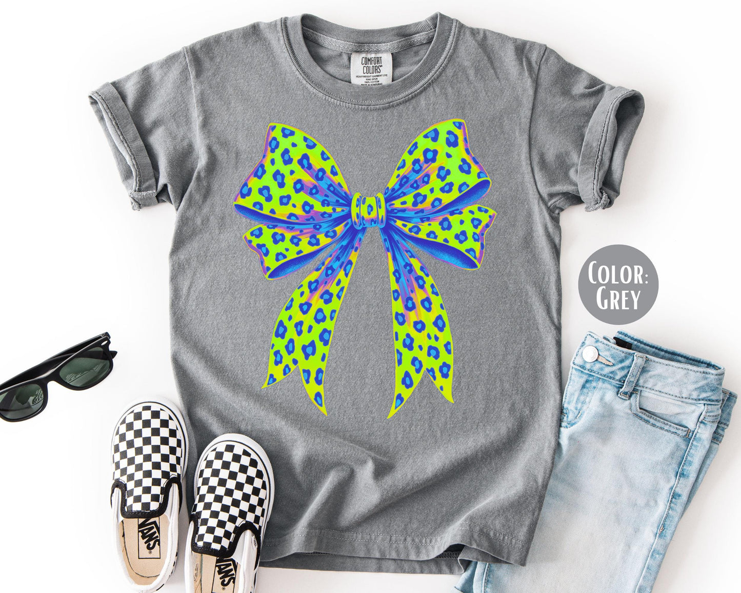 Girls Leopard Bow Shirt: Comfort Colors Kids Tee