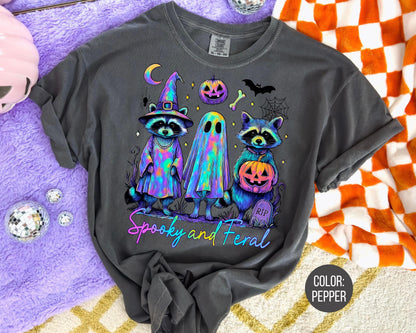 Comfort Colors Spooky and Feral Shirt: Neon Retro Raccoon Halloween
