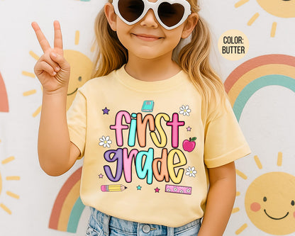 Comfort Colors® Colorful Preppy First Grade Shirt, 1st Grade Teacher Shirts