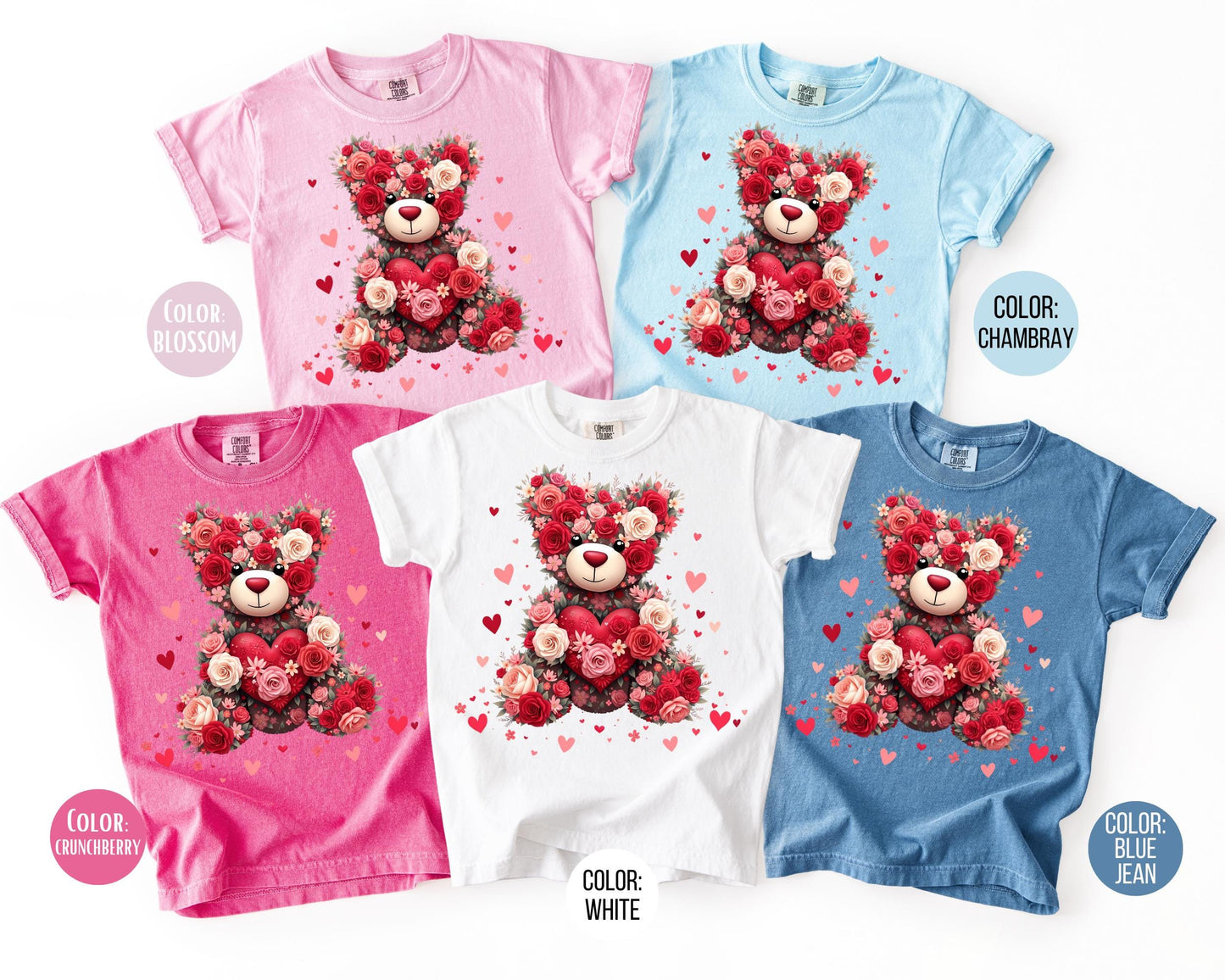 Comfort Colors Floral Teddy Bear Shirt, Girls Valentines Day Shirt, Kids Shirts