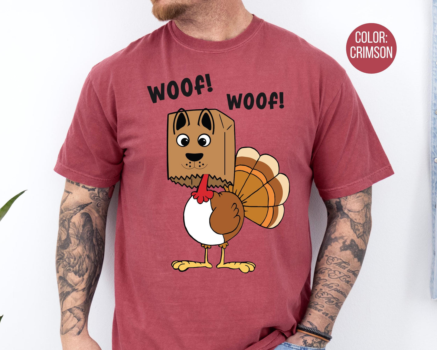 Mens Comfort Colors Funny Turkey Shirt, Thanksgiving Shirts for Dad, Woof Turkey T-shirt