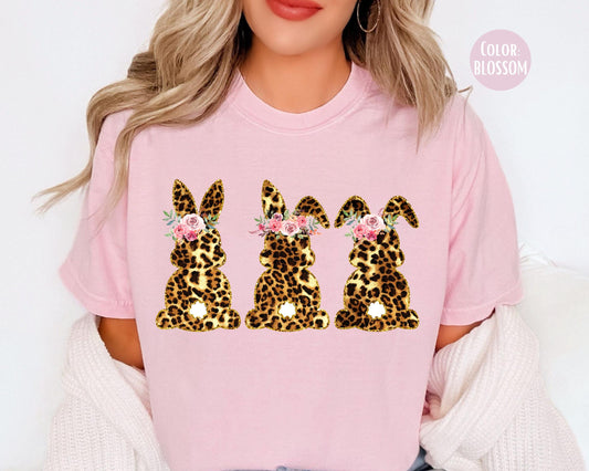 Comfort Colors® Floral Leopard Bunnies Shirt, Adult and Youth Leopard Easter Shirts