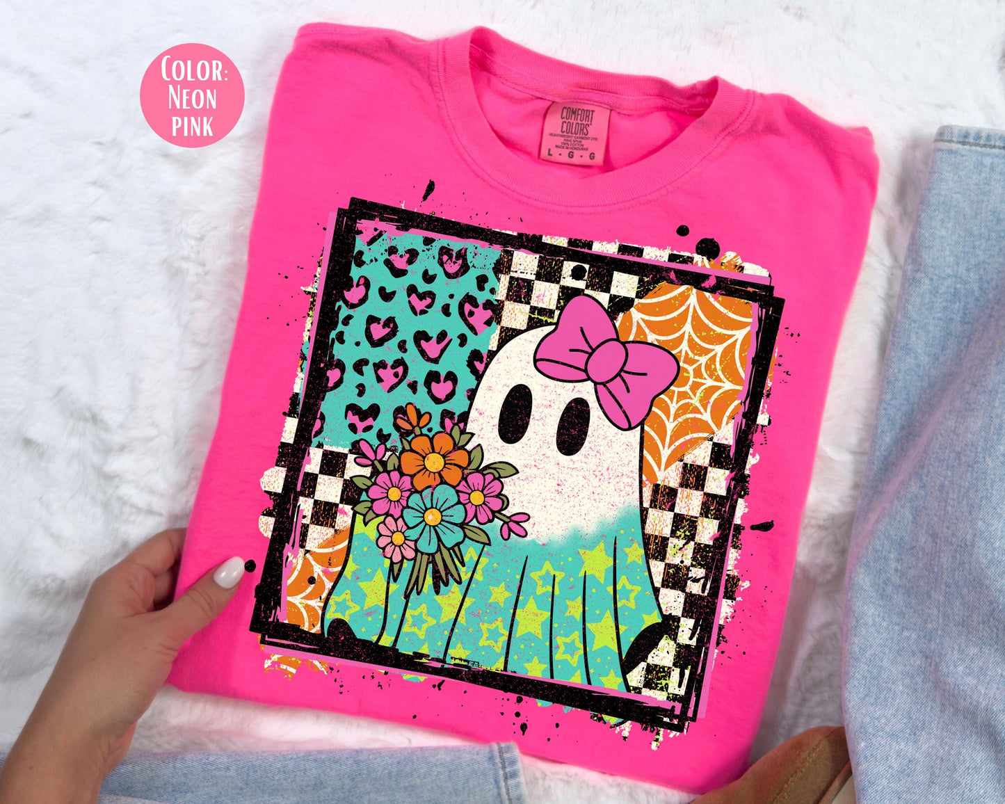 Comfort Colors Checkered Floral Ghost Shirt - Retro Halloween Tee