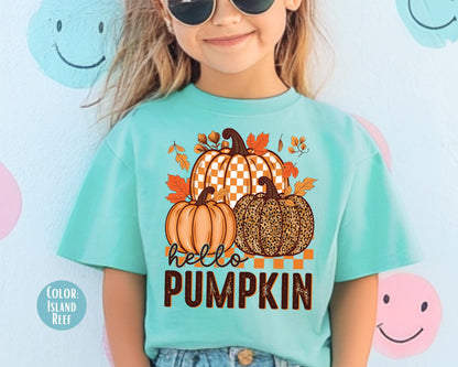 Comfort Colors Kids Hello Pumpkin Shirt: Boho Floral Fall Tee