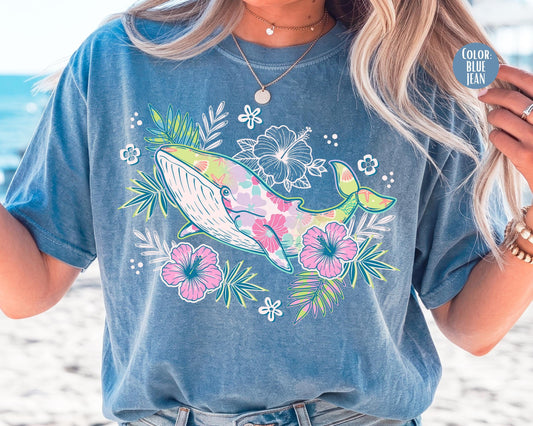 Comfort Colors® Preppy Floral Whale Shirt, Summer Beach Shirts