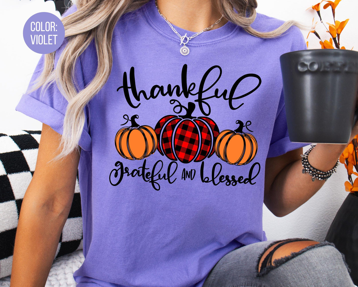 Comfort Colors Thankful Grateful Blessed Shirt, Kids Thanksgiving Shirts, Matching Fall Tees