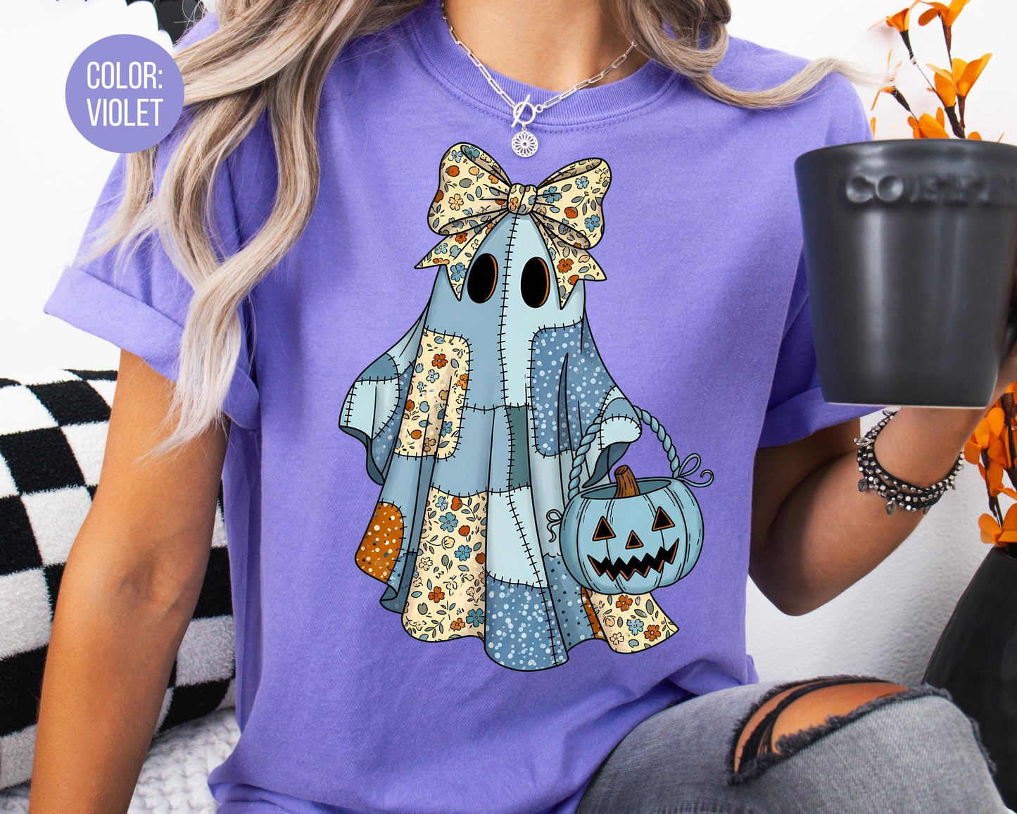 Comfort Colors Blue Denim Ghost Shirt: Patchwork Halloween Tee