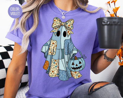 Comfort Colors Blue Denim Ghost Shirt: Patchwork Halloween Tee