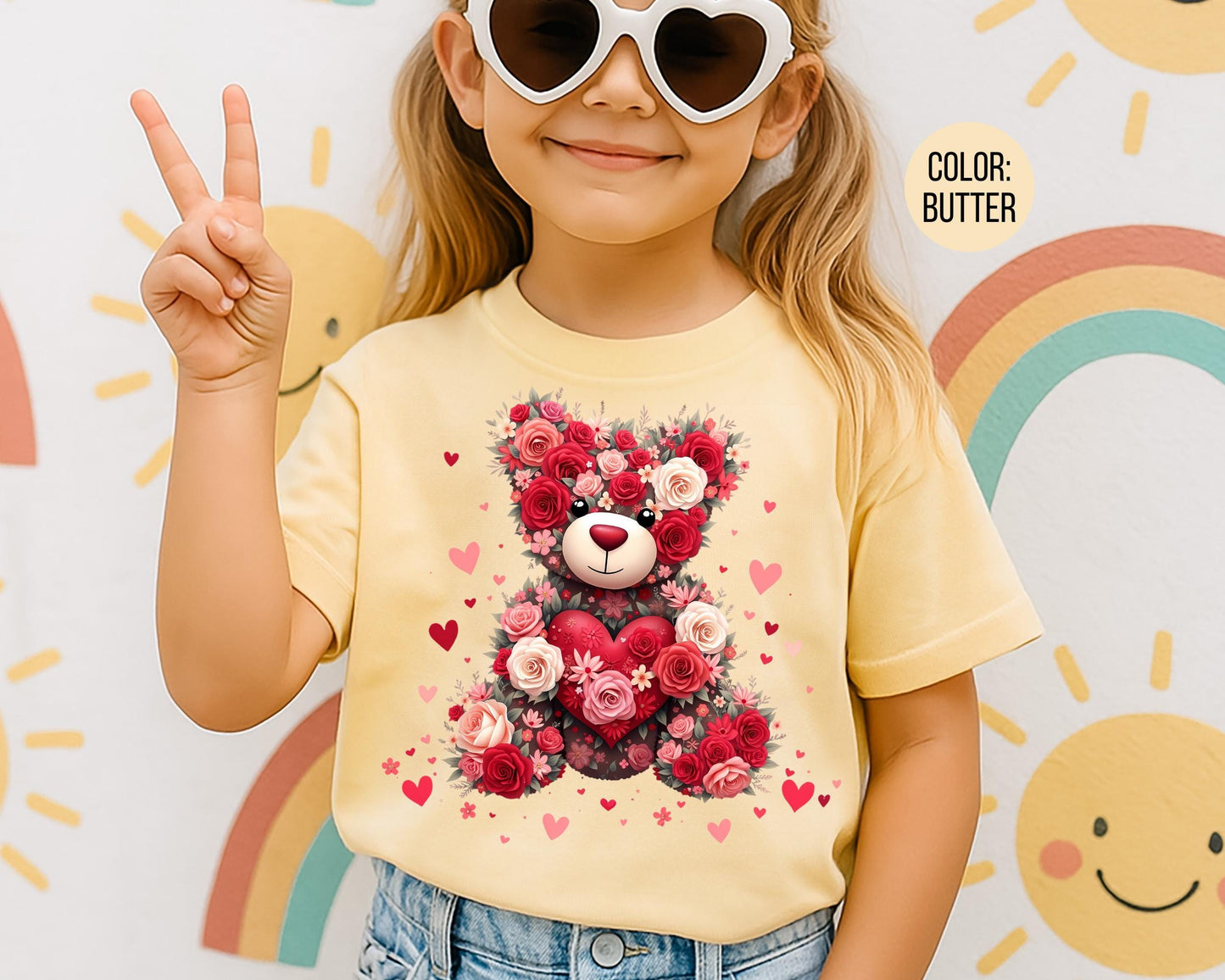 Comfort Colors Floral Teddy Bear Shirt, Girls Valentines Day Shirt, Kids Shirts